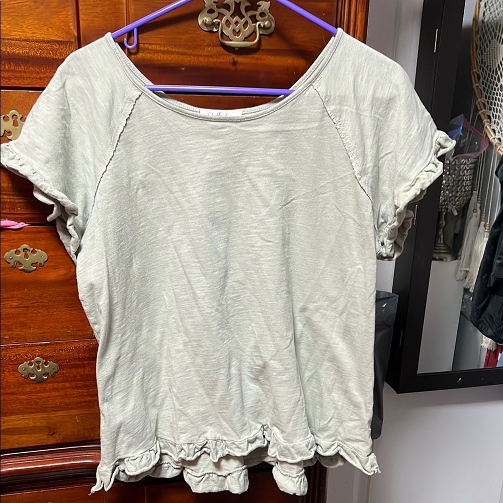 Cream Ruffled Short Sleeve T-Shirt with Crew Neck